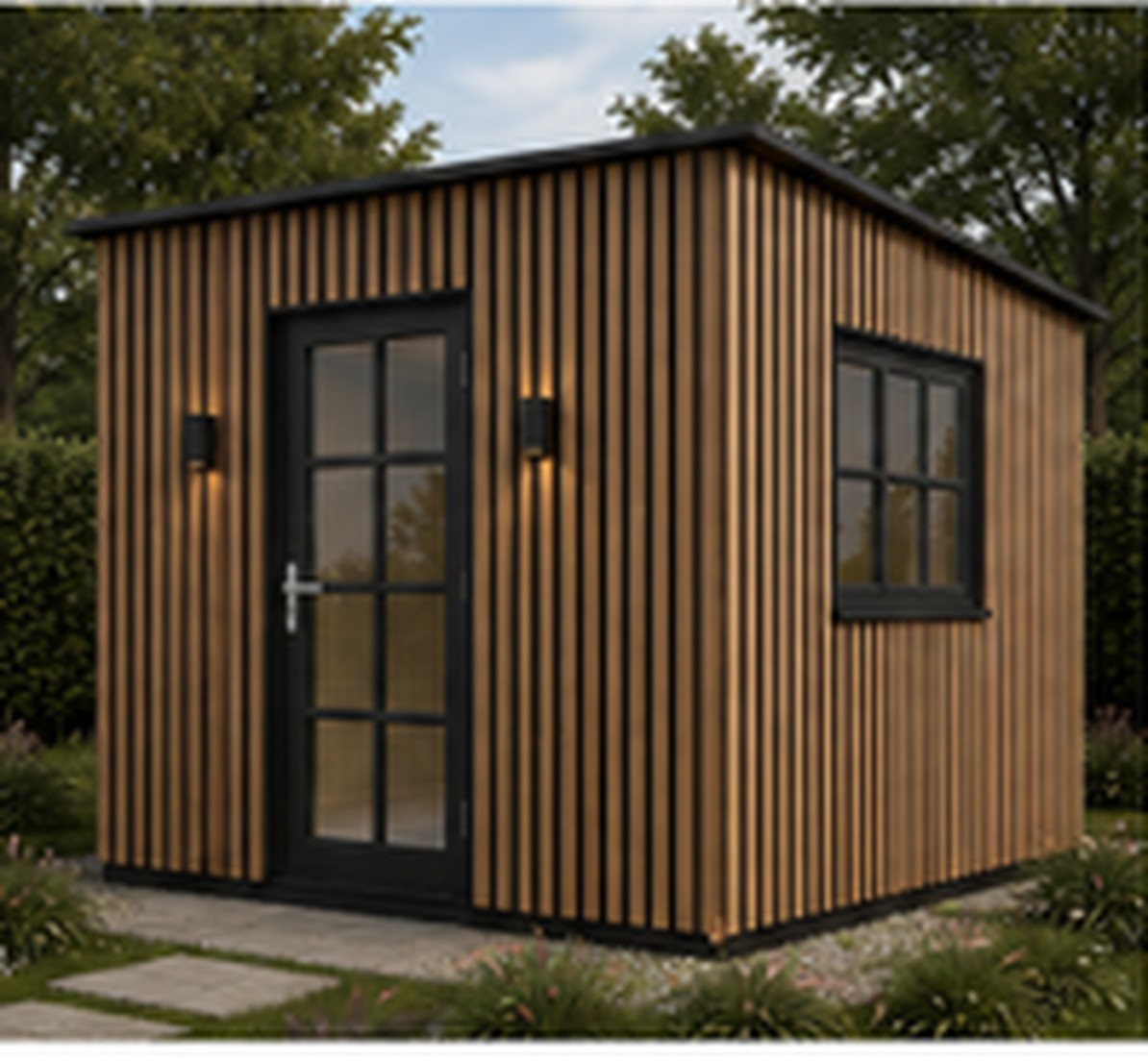 Moderne haveanneks med lodrette ALU-WOOD-lameller, mørk dør og vindue