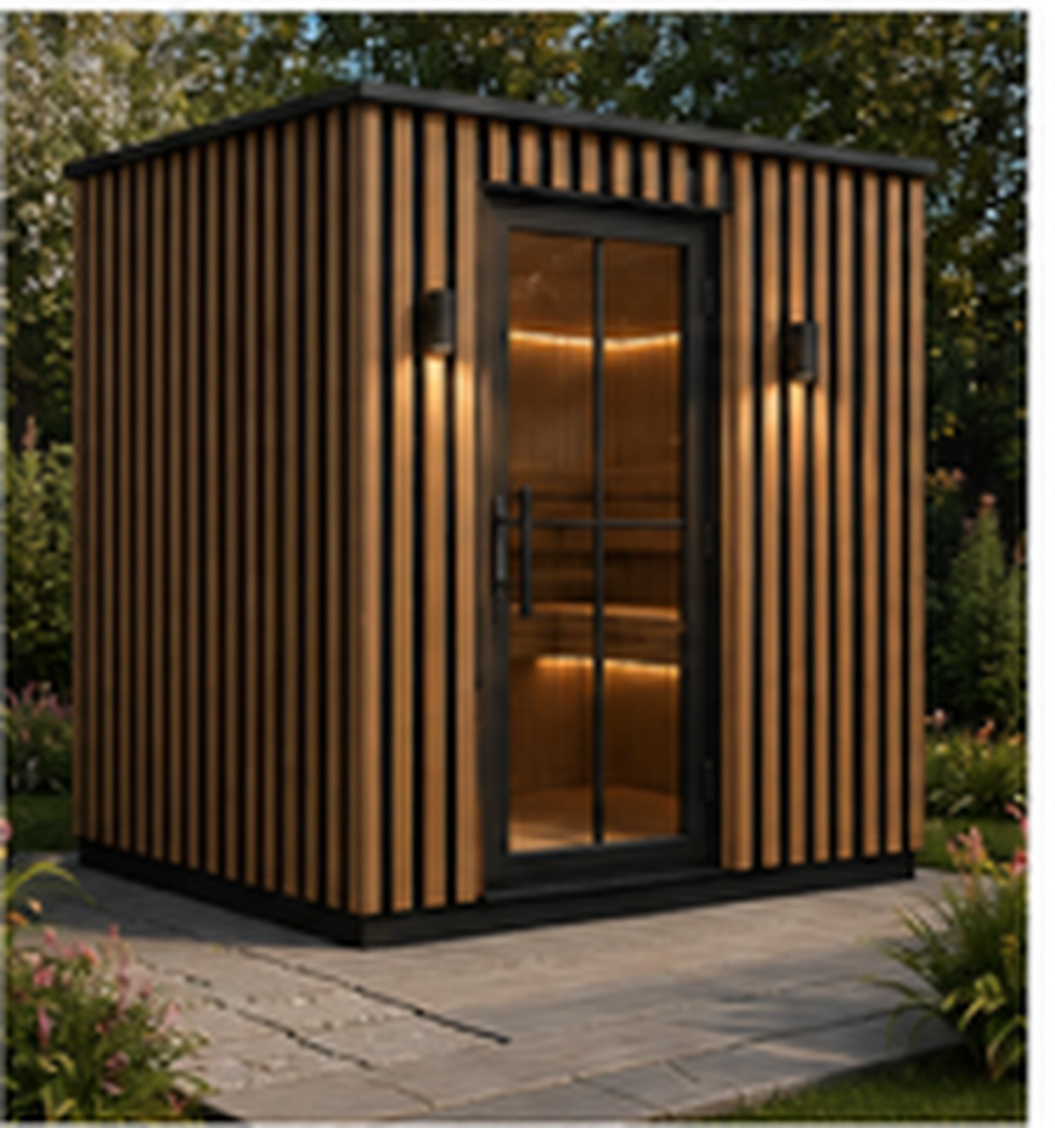 Moderne udendørs sauna med lodrette ALU-WOOD-lameller og oplyst glasdør